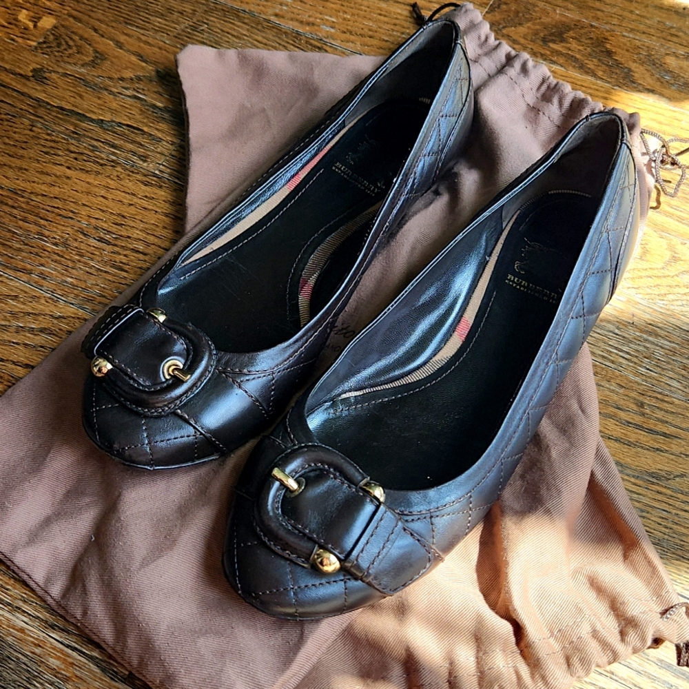 Burberry Brown Golden Buckle Flats